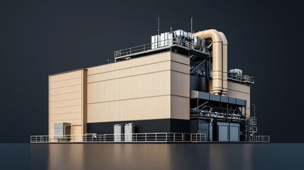Obraz premium Modern industrial building with pipes and equipment on a dark background.