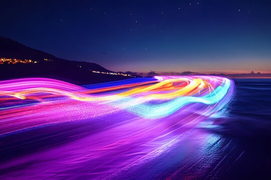 A highway at night with neon lights, time-lapse photography, and motion blur. The colors of the light trails evoke an atmosphere reminiscent of synthwave aesthetics. A high-speed car passes