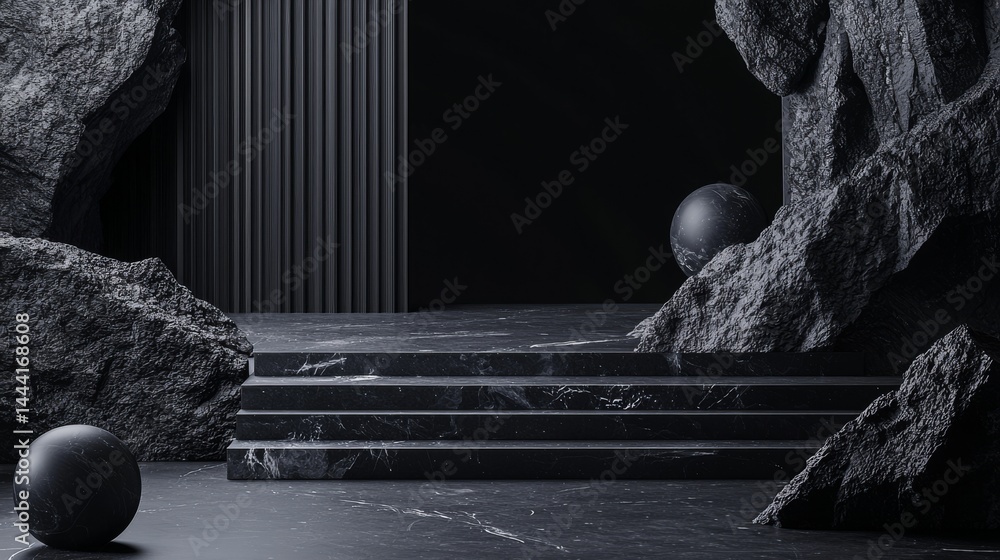 Poster modern minimalist architecture featuring dark stone elements and geometric shapes.