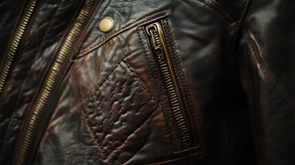 Close-up of a textured brown leather jacket pocket