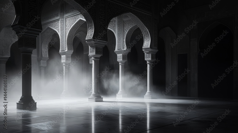 Poster mysterious architectural interior with arches and soft light creating an atmospheric scene.
