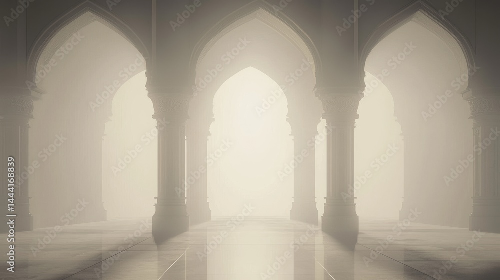 Poster mysterious architectural space with arches and soft light creating an ethereal atmosphere.