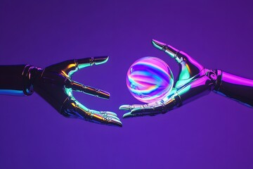A pair of robotic hands reaching out to each other, with colorful glowing stripes on their fingers and palms. The background is a dark purple, creating an atmosphere of futuristic technology