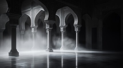 Mysterious architectural interior with arches and soft light creating an atmospheric scene.