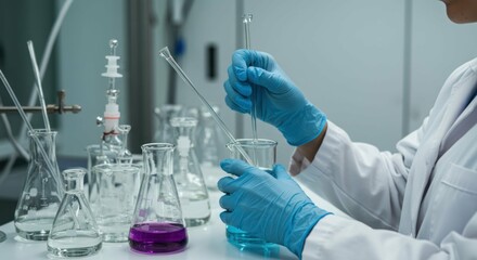 Fototapeta premium Scientist mixes solutions in a lab, scientific research