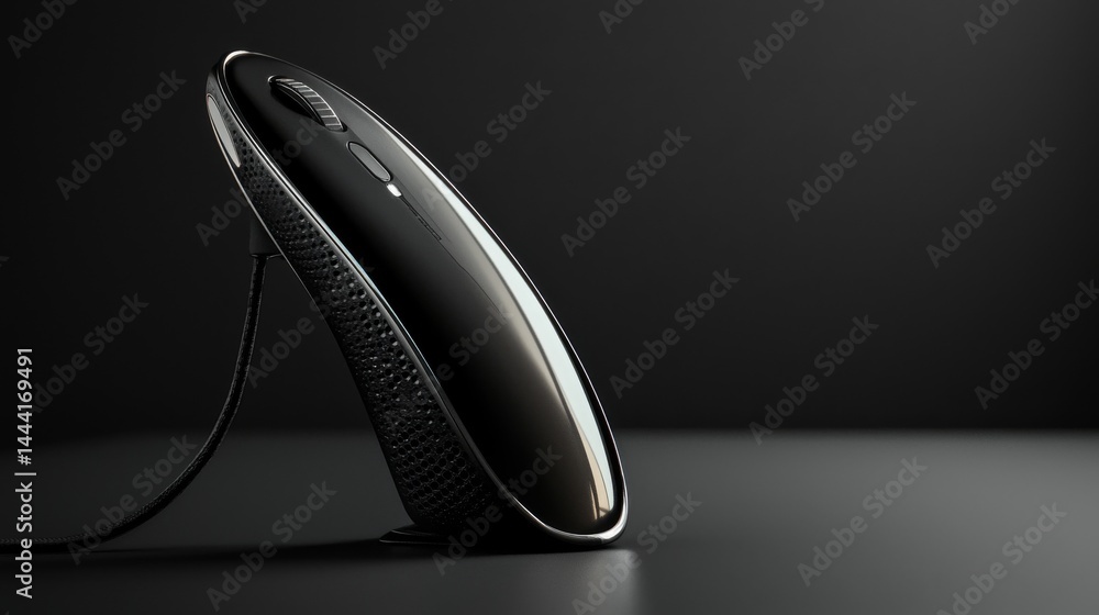 Poster sleek black computer mouse on a minimalistic dark background.
