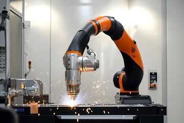 A robotic arm is welding an aluminum part in the factory. The robot has orange and black colors and works on its own without any humans present