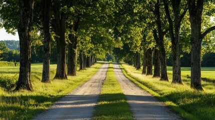 Country road lined with towering trees, casting long shadows on the grass on white