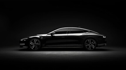 Naklejka premium Sleek black car silhouette in dark background, showcasing modern automotive design.