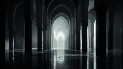 Obraz premium Stunning archway reflects light in a serene and timeless architectural space.