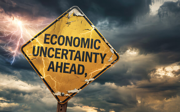 Weathered Economic Uncertainty Ahead Sign with Stormy Sky and Lightning, Financial Crisis Warning, Market Volatility Concept