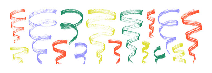Collection of squiggle doodle lines, wavy graphic ribbons, swirls and spirals. Brush drawn vector curved lines with loops. Colorful bold brush strokes, funky confetti. Hand drawn vector spirals.