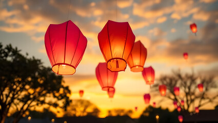 Fototapeta premium floating sky lanterns lamp to the night sky