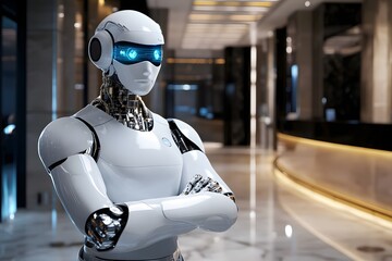 An AI robot in a white suit with arms crossed, wearing a human face mask and looking at the camera. The setting is a luxurious hotel lobby