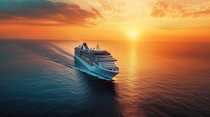 Naklejka premium Luxury ocean cruise ship arriving at tropical port at sunrise with golden light reflecting on calm sea, vacation travel and tourism concept 