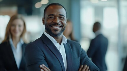 Happy Businesspeople. African American Businessman Boss Leading Professional Staff in Creative Office, Successful Mix Race Man Leading Business Team, Happy Smiling Colleagues