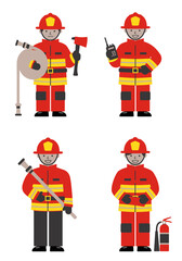 Set of 4 flat design firefighter characters in simple poses with equipment, wearing red-yellow uniforms on white background, clean and minimal style.