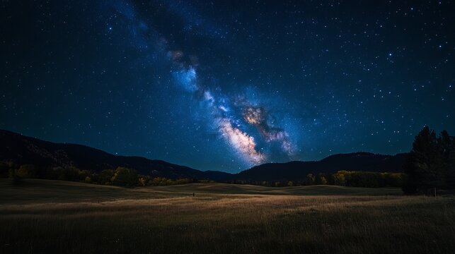 Majestic night sky milky way over serene autumnal field landscape dark blue calm stars light image