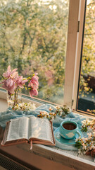 Open Bible, pastel blue cloud mug, and blooming cherry branches on a wooden tray by the window during sunset, creating a serene and spiritual springtime setting