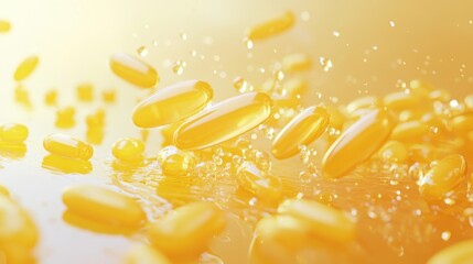 Vibrant yellow capsules floating in a luminous background, symbolizing health and wellness.