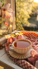 Fototapeta premium Vintage teacup with tea on a wooden tray by a window, surrounded by pink flowers and soft sunlight, with a warm and peaceful morning atmosphere