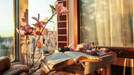 Open book on a wooden windowsill with magnolia flowers, a teacup, and gingham fabric bathed in warm golden sunlight, creating a peaceful morning reading scene