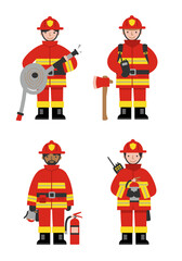 Set of 4 flat design firefighter characters in simple poses with equipment, wearing red-yellow uniforms on white background, clean and minimal style.
