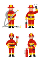Set of 4 flat design firefighter characters in simple poses with equipment, wearing red-yellow uniforms on white background, clean and minimal style.