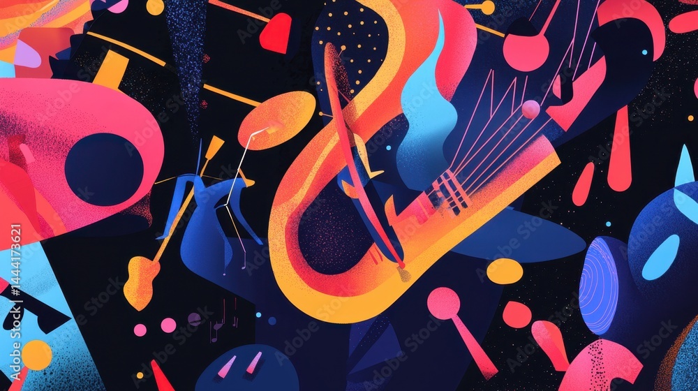 Poster vibrant abstract illustration featu musical instruments and dynamic colors emphasizing creativity in