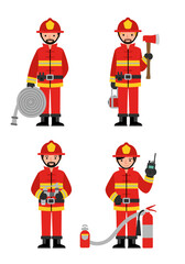 Set of 4 flat design firefighter characters in simple poses with equipment, wearing red-yellow uniforms on white background, clean and minimal style.
