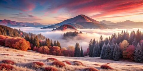 Obraz premium Mountain Landscape with Foggy Valley at Sunrise