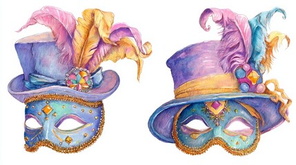Colorful Carnival Masks with Feathers and Decorative Elements