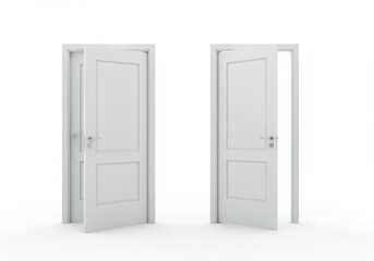 Fototapeta premium Two white doors slightly ajar against a stark white background in a minimalist composition style