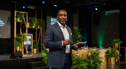 A middle-aged Black man in a dark suit stands on a stage, holding a paper and speaking during a professional event or presentation.
