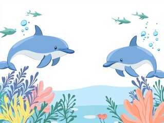 Obraz premium Two playful dolphins swimming in vibrant underwater coral reef surrounded by colorful marine plants and smaller fish in a bright ocean scene