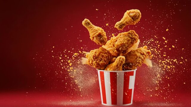 Super Slow Motion of Exploding Fried Chicken Pieces from Bucket. Isolated on Red Background. Studio Shot of Flying Food. Filmed on High Speed Cinema Camera, 1000fps.	