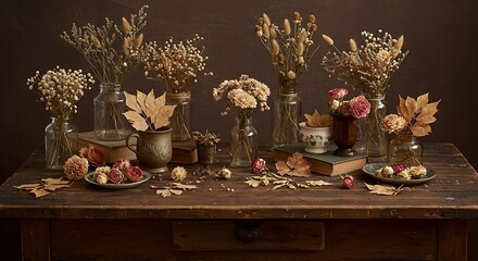 Fototapeta premium A still life of dried flowers and pressed leaves on an antique wooden table
