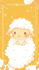 Naklejka premium Adorable cartoon lamb with fluffy white wool on a golden background decorated with stars and leaves, cute animal character illustration for children?s design