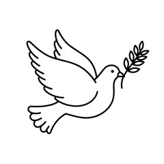 Fototapeta premium Dove with olive branch line icon in black and white