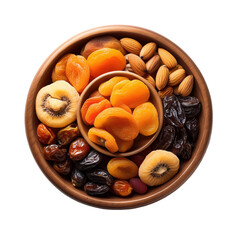 Assorted Dried Fruits and Nuts in a Wooden Bowl, Perfect for Healthy Snacking or Garnishing Desserts on transparent background