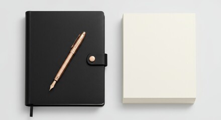 Black hardcover journal with rose gold pen and notepad on white surface for creative writing and planning