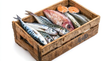 Crate of mixed fish types including herring and mackerel on white background.