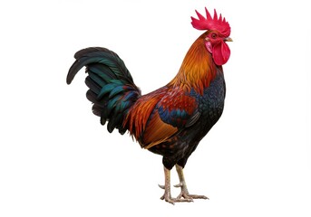 Fototapeta premium A colorful rooster standing on a white background with its feathers displayed prominently and clearly