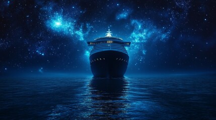 Massive cruise ship sailing across dark blue ocean under a starry night sky with constellations reflecting on the water, surreal dreamlike travel scene with celestial atmosphere and moody tones