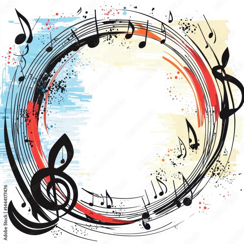 Poster artistic musical frame with colorful splashes and swirling notes creating a vibrant, dynamic backgro