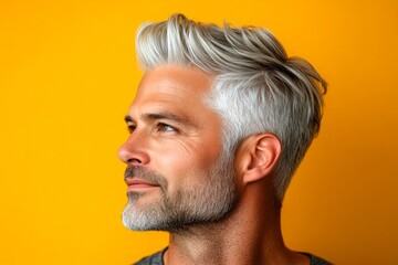 Obraz premium A professional studio photography session of a stunning man. Elegant men's crew cut haircut - midlife white man with white hair. Yellow solid background. Concept of style for aging men.