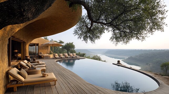 Fototapeta Luxury safari lodge w/ infinity pool overlooking a river valley at dawn