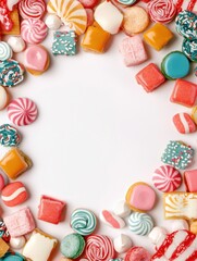 Colorful Assortment of Various Sweets and Candy Pieces with a White Background Creating a Bright Delicious Food Flat Lay Composition for Snacking or Celebrations