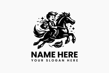 Stylized Boy Riding Winged Horse Vector Graphic. Magical Kids Design