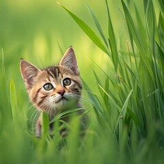 "A curious tabby cat peeking through tall green grass in a lush, sunlit forest clearing."